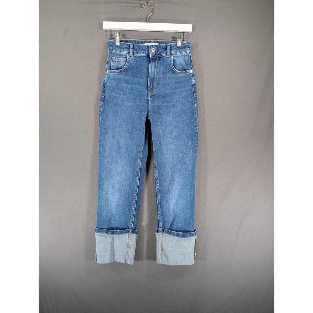 Mango MNG Denim High Waist Straight Leg Cuffed Jeans‎ Blue Womens Size 2